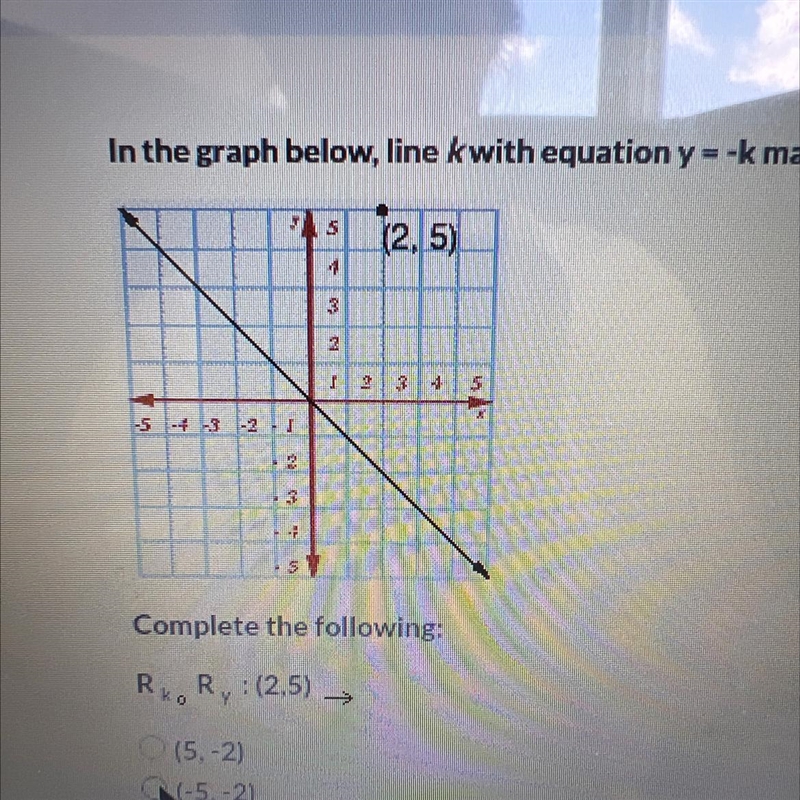 In the graph below, line kwith equation y = -k makes a 45° angle with the x- and y-example-1