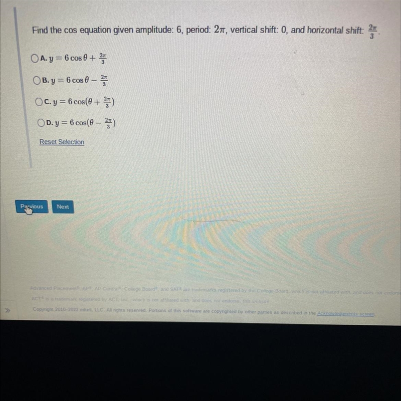 Find the cos equation given amplitude: 6, period: 2π, vertical shift: 0, and horizontal-example-1