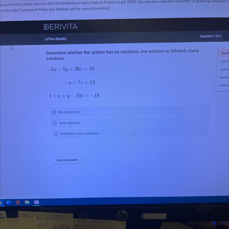 Determine whether the system has no solutions, one solution or infinitely manysolutions-example-1