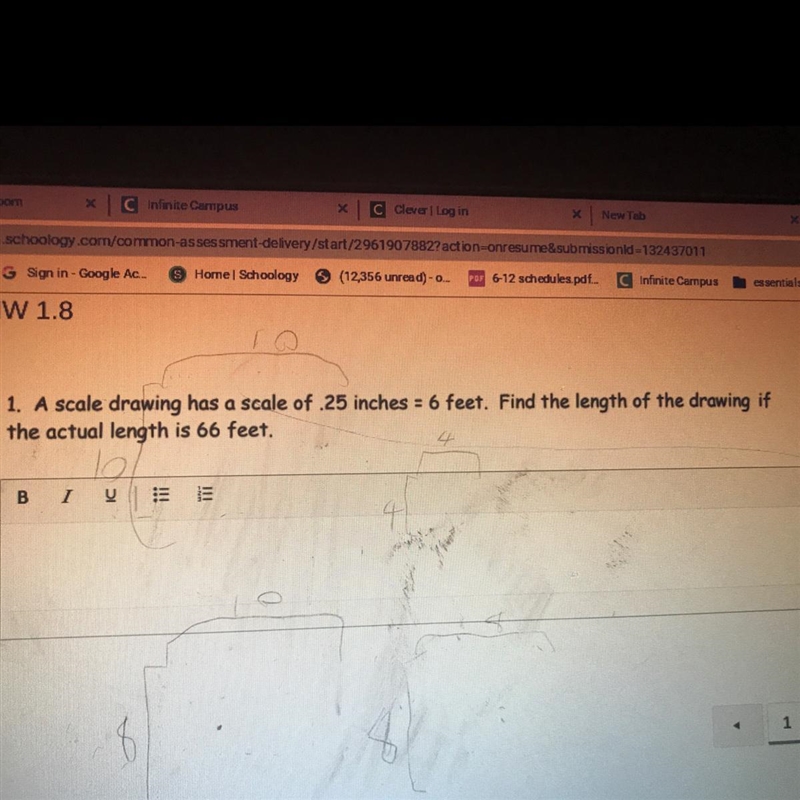 1. A scale drawing has a scale of 25 inches = 6 feet. Find the length of the drawing-example-1