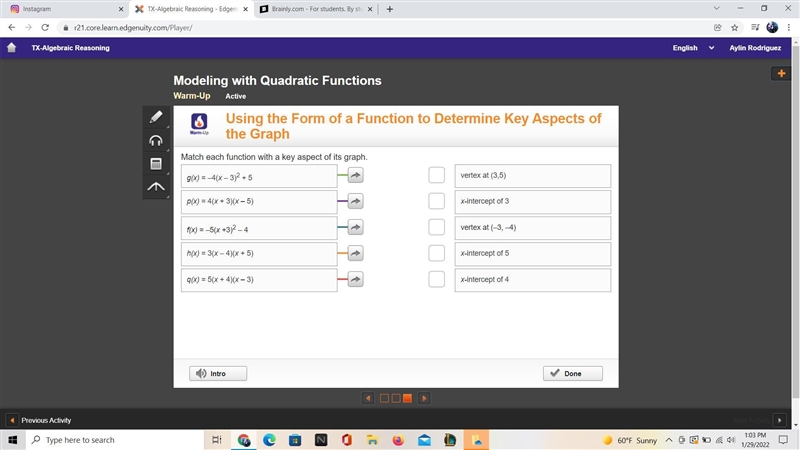 Match each function with a key aspect of its graph-example-1