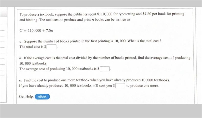 To produce a textbook, suppose the publisher spent $110,000 for typesetting and $7.50 per-example-1