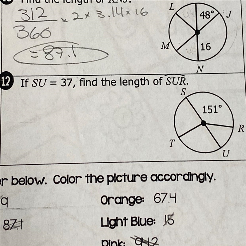 12. If SU = 37, find the length of SUR. leave answer in one decimal place-example-1