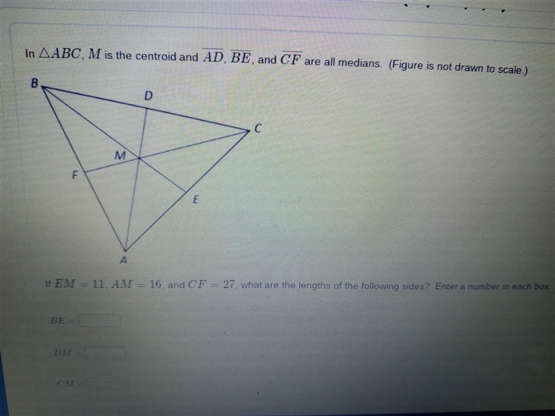 If Em=11, Am=16,CF=27, What are the lengths of the following sides-example-1