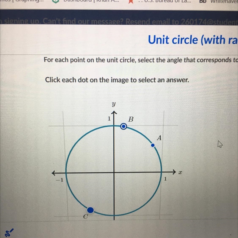 For each point on the unit circle select the angle that corresponds to it.-example-1