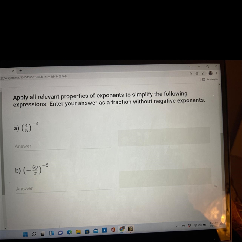 Apply all relevant properties of exponents to simplify the following expression.enter-example-1