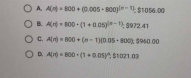 At the beginning of year 1, Amada invests $800 at an annual compound interest rate-example-1