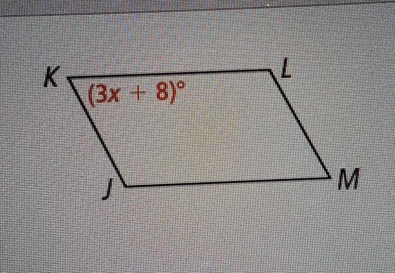 Given parallelogram JKLM, what could the expression 180 - (3x + 8) represents? Explain-example-1