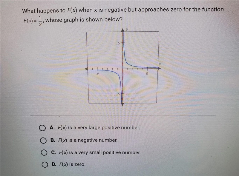 what happens to F(x) when x is negative but approaches zero for the function F(x)=1/x-example-1