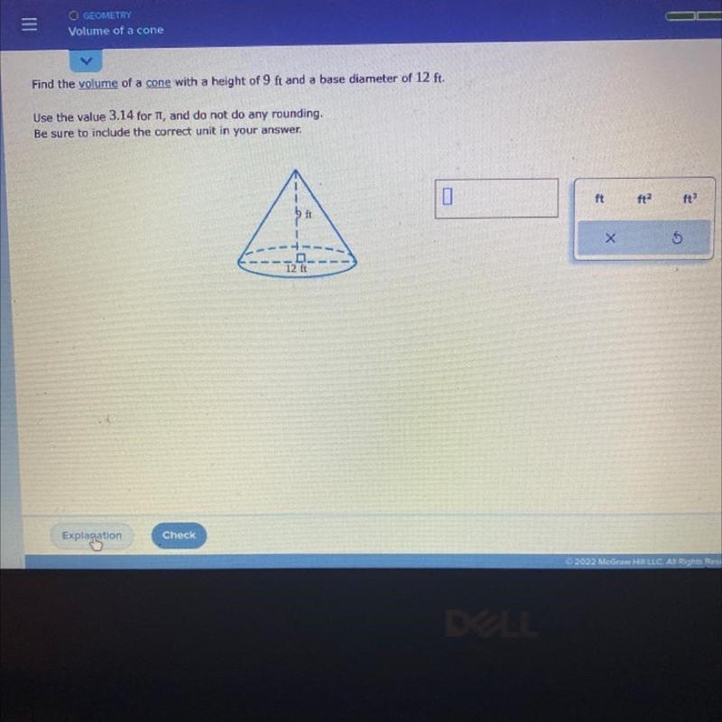 Find the volume of a cone with a height of 9ft and a base diameter of 12 ft. Use the-example-1