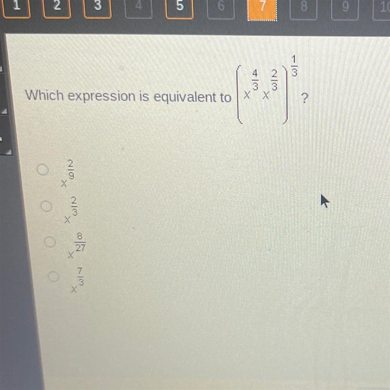 1 3 100 4 3 WN Which expression is equivalent to X X ? 2 NO х - WIN Co 8 27 х 7 3 X-example-1