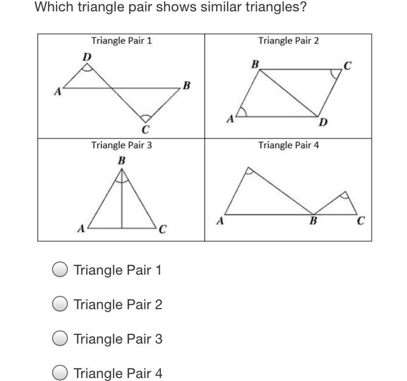 Which triangle pair shows similar triangles?Triangle Pair 2Triangle Pair 1DBBАDCTriangle-example-1