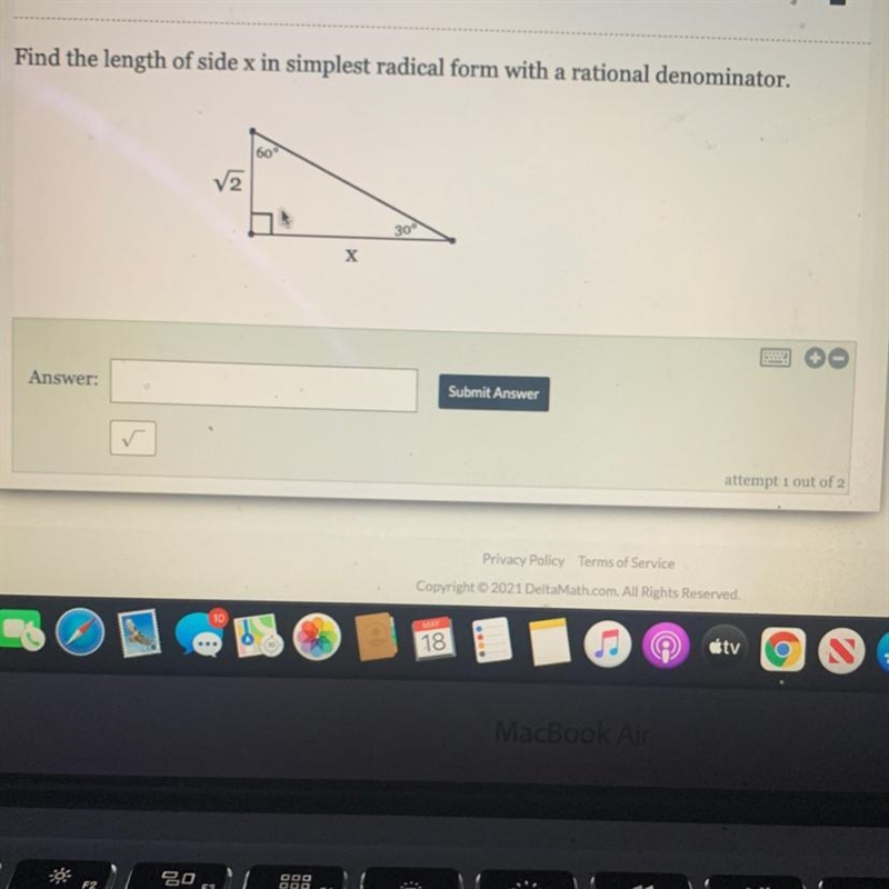 Find the length of side x in simplest radical form with a rational denominator.60°V-example-1