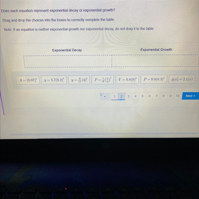 Does each equation represent exponential decay or exponential growth? Drag and drop-example-1