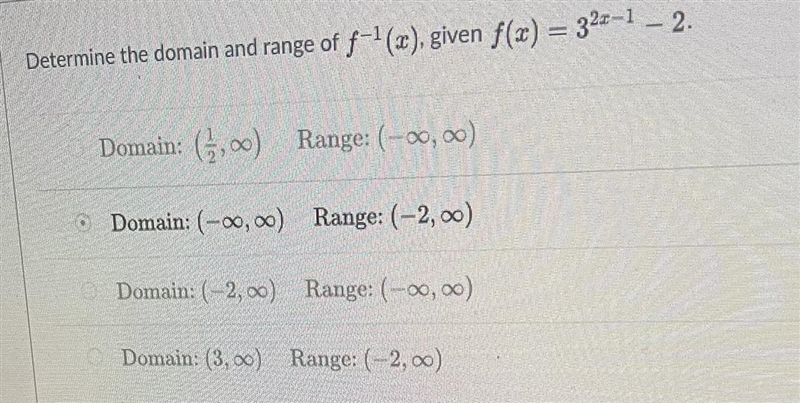 Determine the domain and range of f ^ - 1 * (x) given f(x) = 3 ^ (2x - 1) - 2-example-1