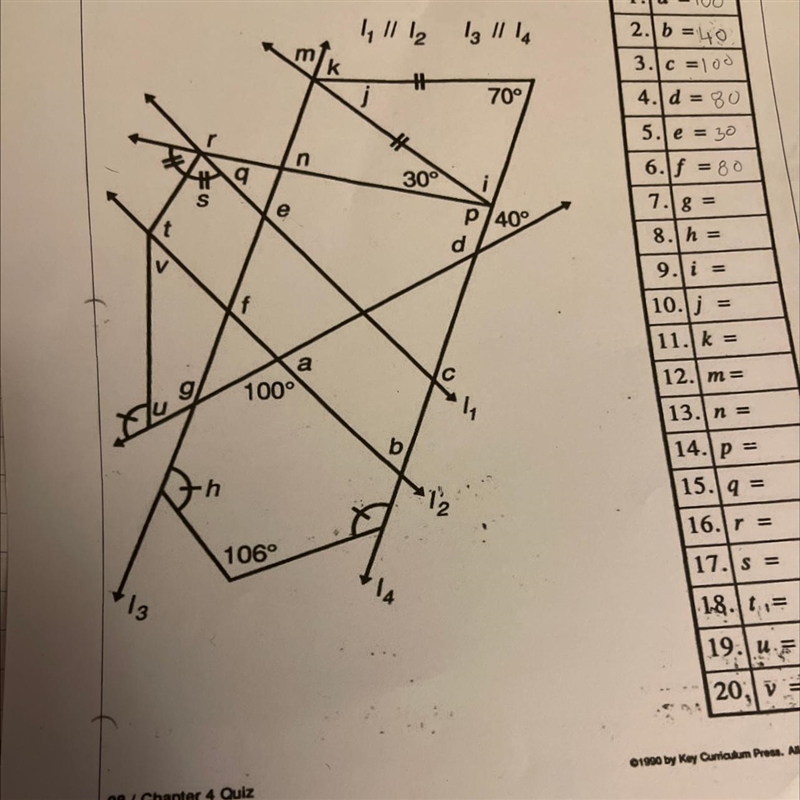 Use parallel Lines to find missing angle measure?Find a,i,j,k and m-example-1