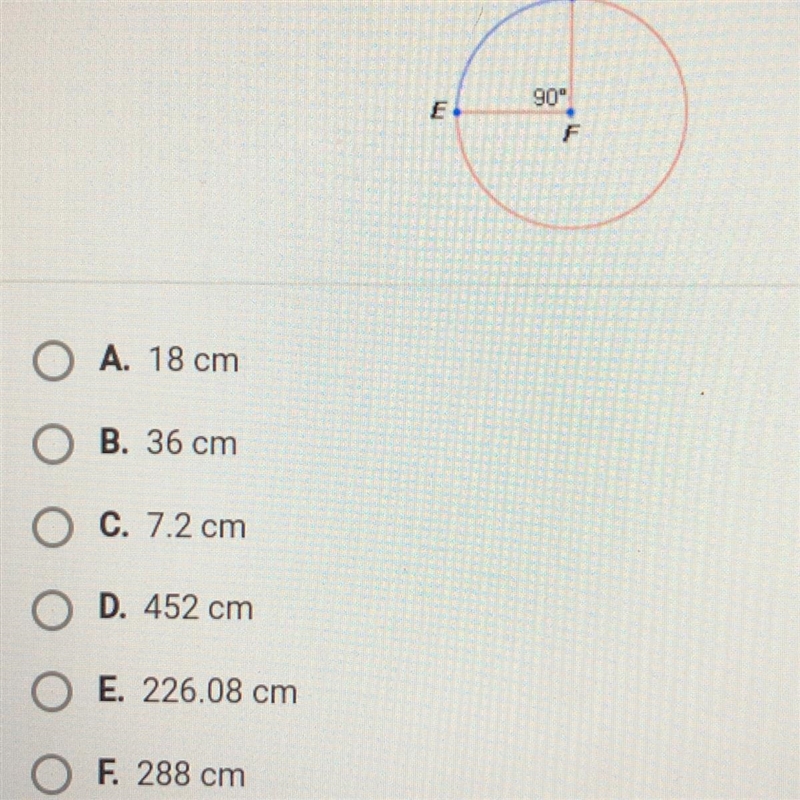 The circumference of OF is 72 cm. What is the length of DÈ (the minor arc)?-example-1