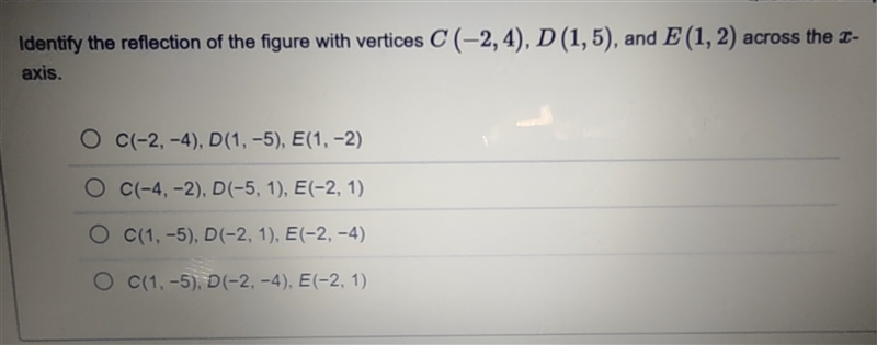 Identify the reflection of the figure with vertices C (-2, 4), D (1, 5), and E (1, 2), across-example-1