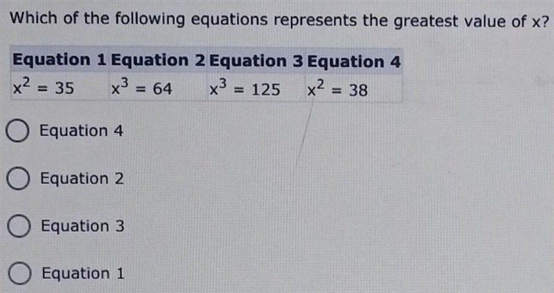 Which of the following equations represents the greatest value of x?-example-1