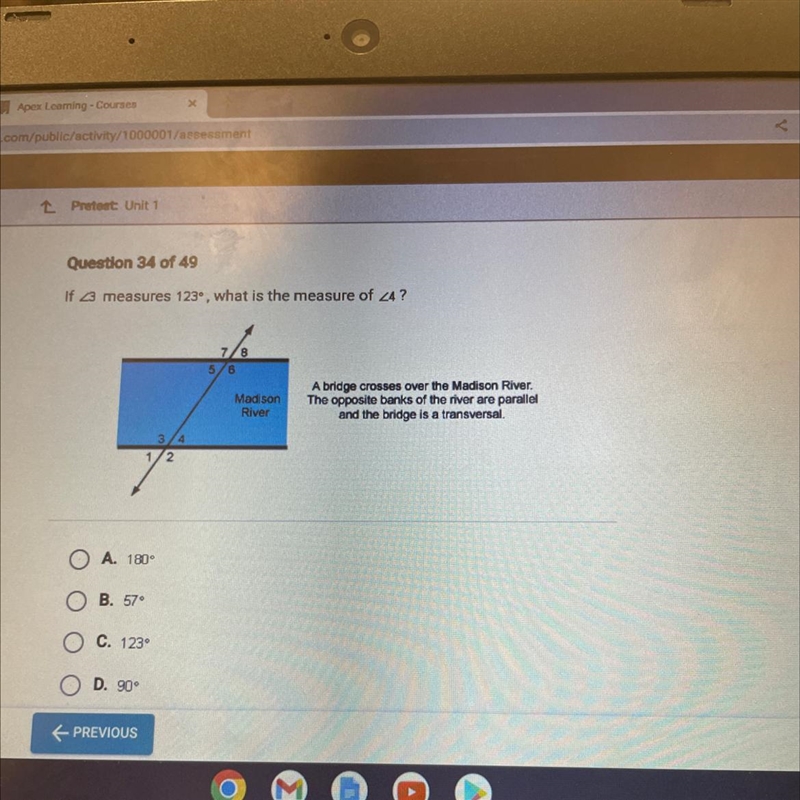 Question 34 of 49If 23 measures 123°, what is the measure of 24?7/831/2O A. 180°OB-example-1