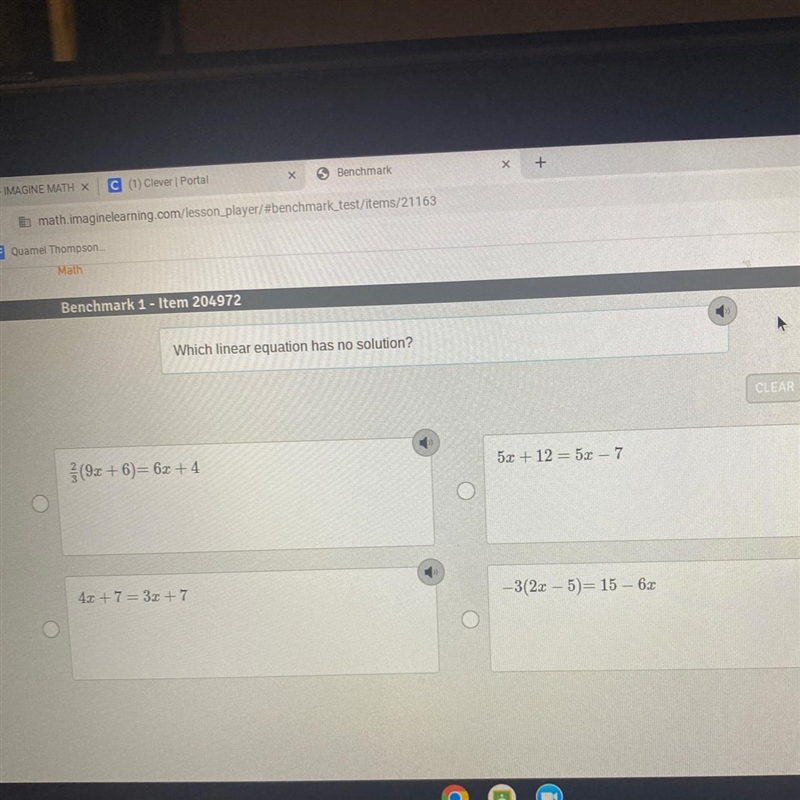 Which linear line equation has no solution?-example-1