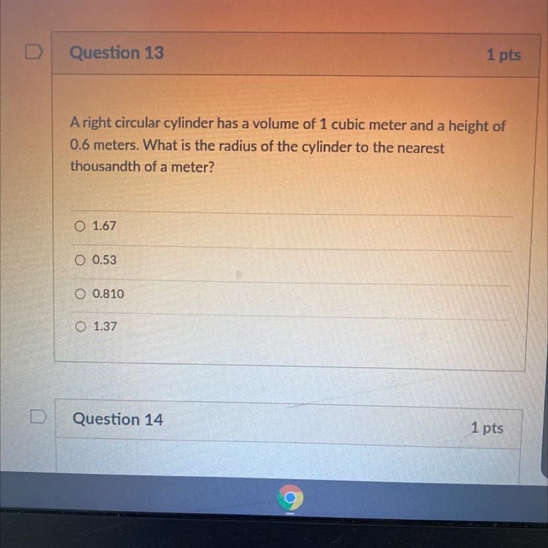 A right circular cylinder has a volume of 1 cubic meter and a height of 0.6 meters-example-1