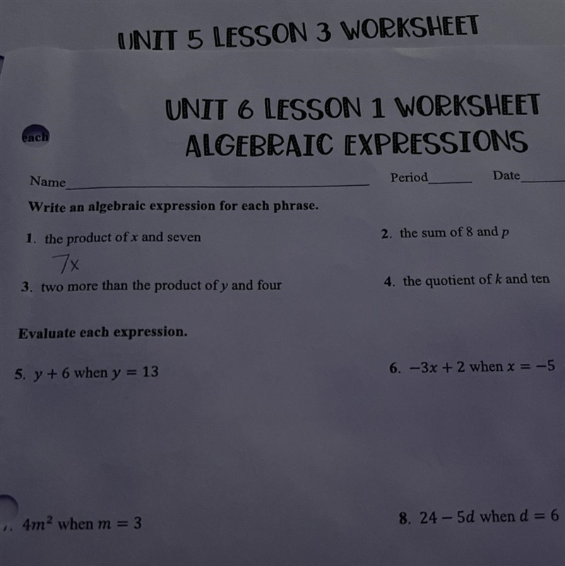 Write an algebraic expression for each phrase. two more than the product of y and-example-1