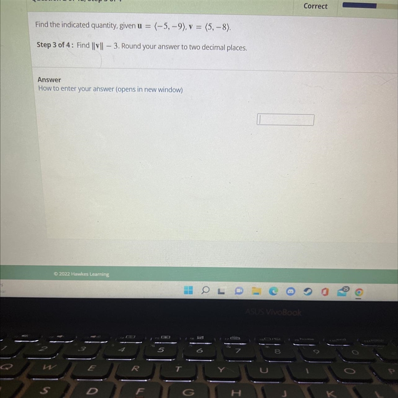 Find the indicated quantity, given u = (-5, -9), v = (5, -8).Step 3 of 4: Find ||vll-example-1