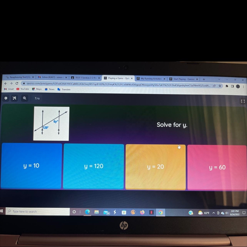 1.Solve for y. y = 20 y = 120 y = 60 y = 10-example-1