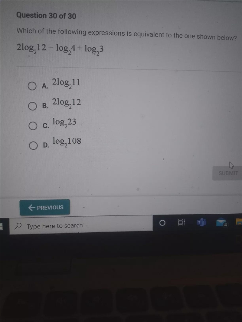 Which of the following expressions is equivalent to the one shown below? 2log, 12-log-example-1