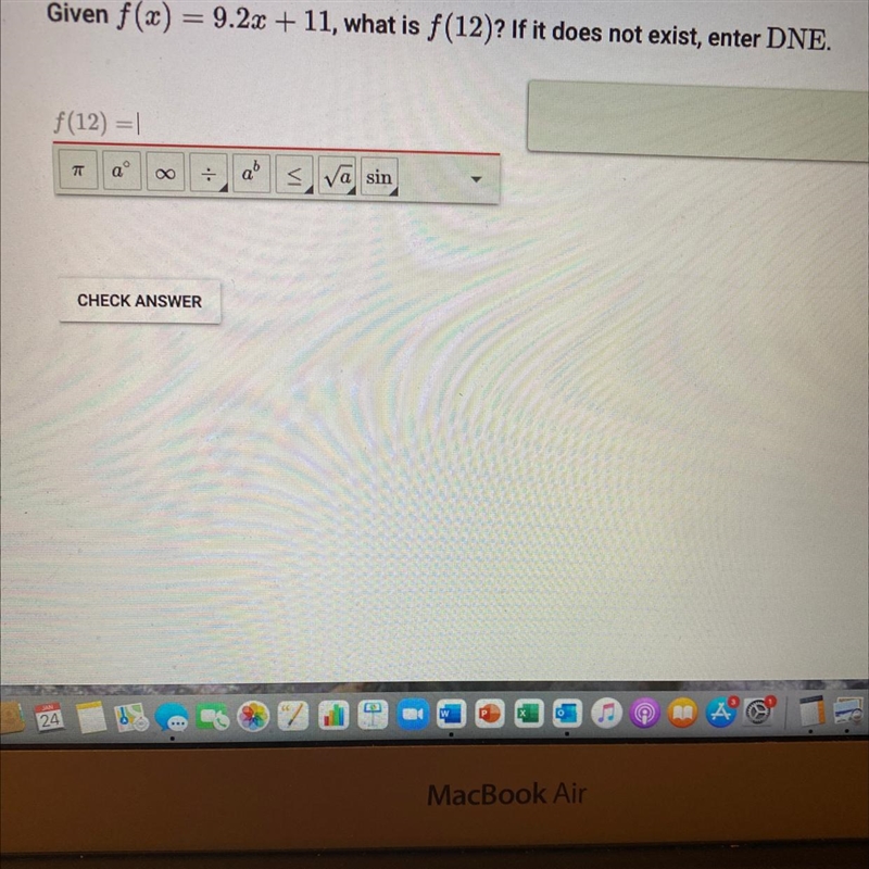 Given f (x)=9.2x +11, what is f (12)? If it does not exist, enter DNE-example-1