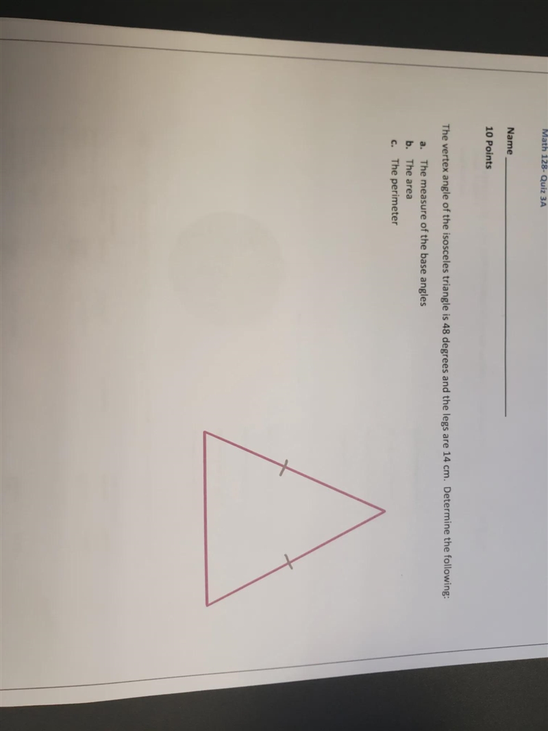 Determine the following:a. measure of base anglesb. the areac. the perimeter-example-1