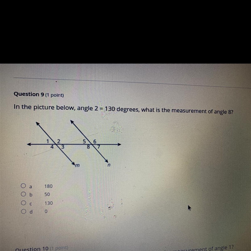 In the picture below, angle 2 = 130 degrees, what is the measurement of angle 8?-example-1