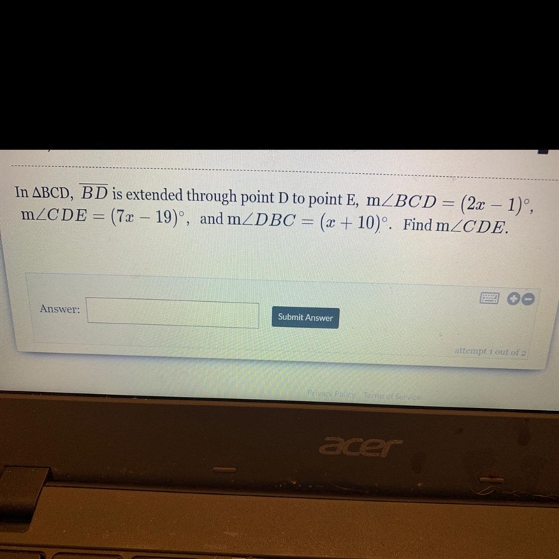 In ABCD, BD is extended through point D to point E, m_BCD = (2x - 1)º,mZCDE = (7x-example-1