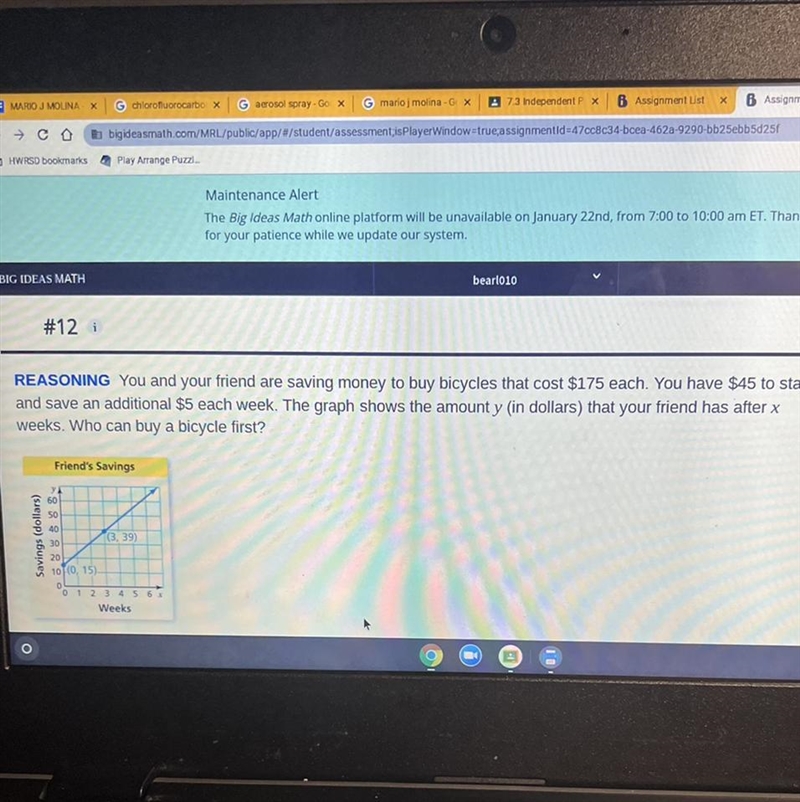 Using the info from the word problem and graph, who can buy a bike first? You or your-example-1