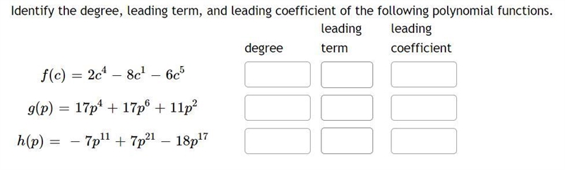 Identify the degree, leading term, and leading coefficient of the following polynomial-example-1