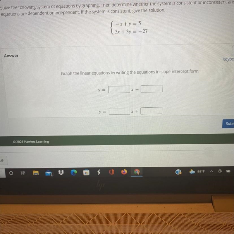 Solve the following system of equations by graphing. Then determine wnether the system-example-1