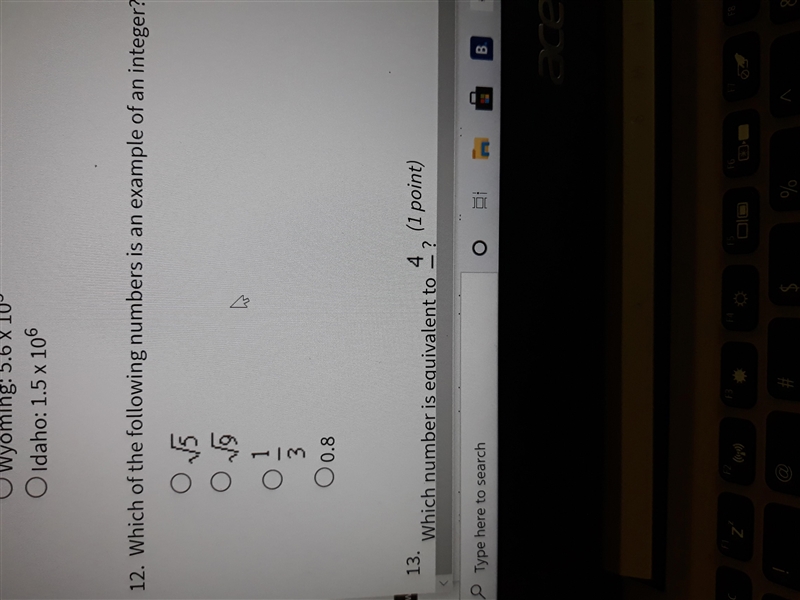 which of the following numbers is an example of an integer √(5)√(9)(1)/(3)0.8-example-1