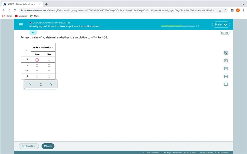 For each value of w, determine whether it is a solution to -8+5w >32.-example-1