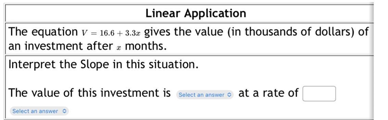 The equation V=16.6+3.3xgives the value (in thousands of dollars) of an investment-example-1