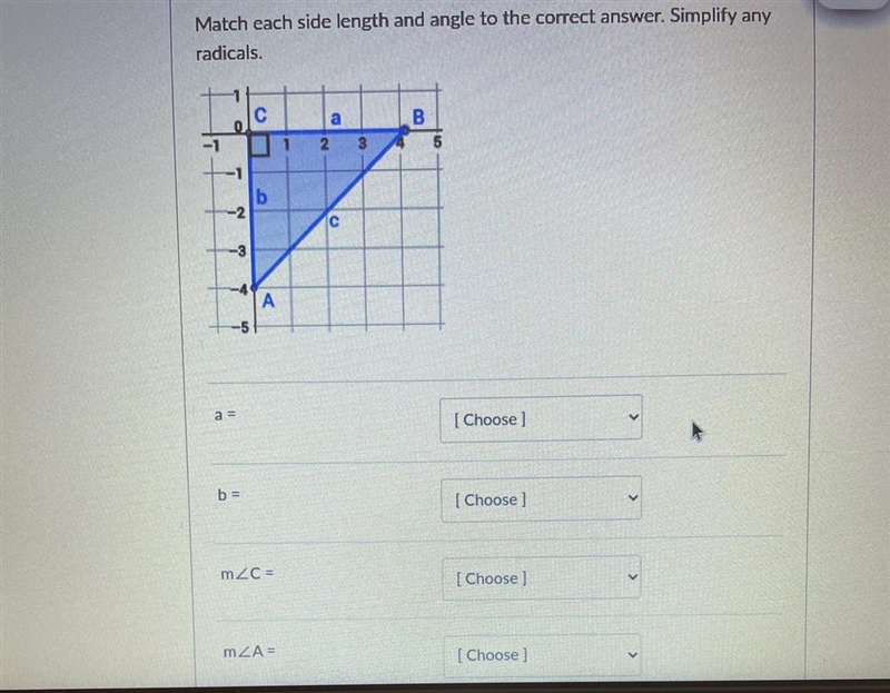 Match each side length and angle to the correct answer. Simplify anyradicals.a= b-example-1