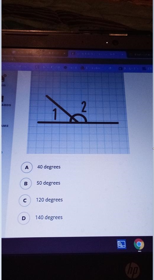 Angles 1 and 2 below are the little pair of angle y measures 40° what is the measurement-example-1