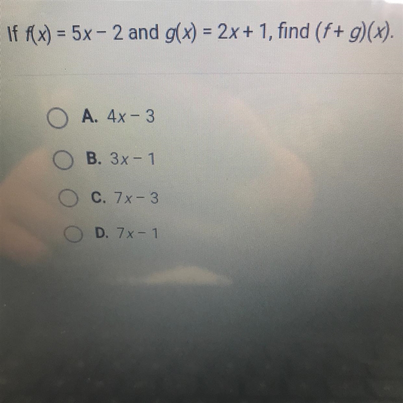 If f(x)=5x-2 and g(x)=2x1 find (f+g)(x)-example-1