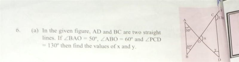 6. (a) In the given figure, AD and BC are two straight lines. If ZBAO = 50°, ZABO-example-1