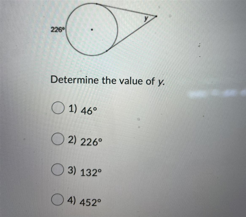 Determine the value of y.Question options:1) 46°2) 226°3) 132°4) 452°-example-1