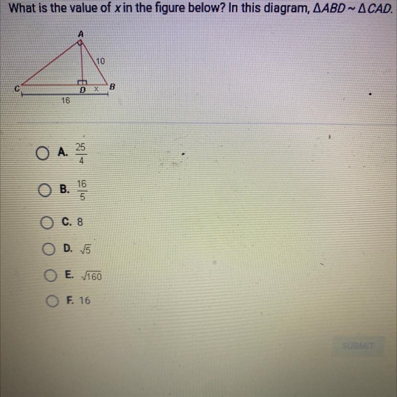 Question 4 of 10What is the value of x in the figure below? In this diagram, AABD-example-1