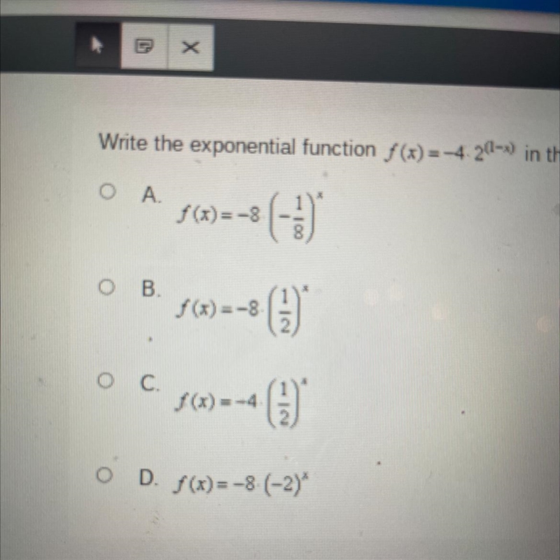 Write the exponential function / (x)=-4.2^(1-x) in the form f(x) = ab^x-example-1