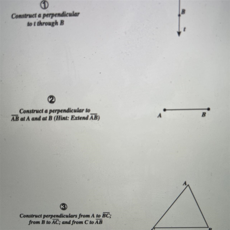 Question 2: Construct a perpendicular to AB at A and at B (Hint: Extend AB)-example-1