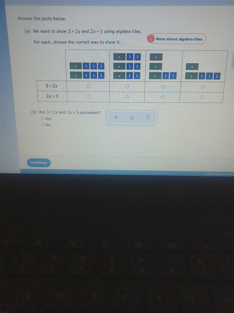 Answer the parts below. (a) We want to show 3+2x and 2x+3 using algebra tiles. More-example-1