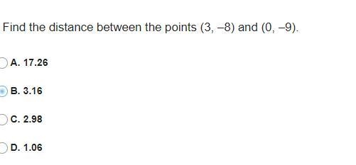 Find the distance between the points (3, –8) and (0, –9).-example-1